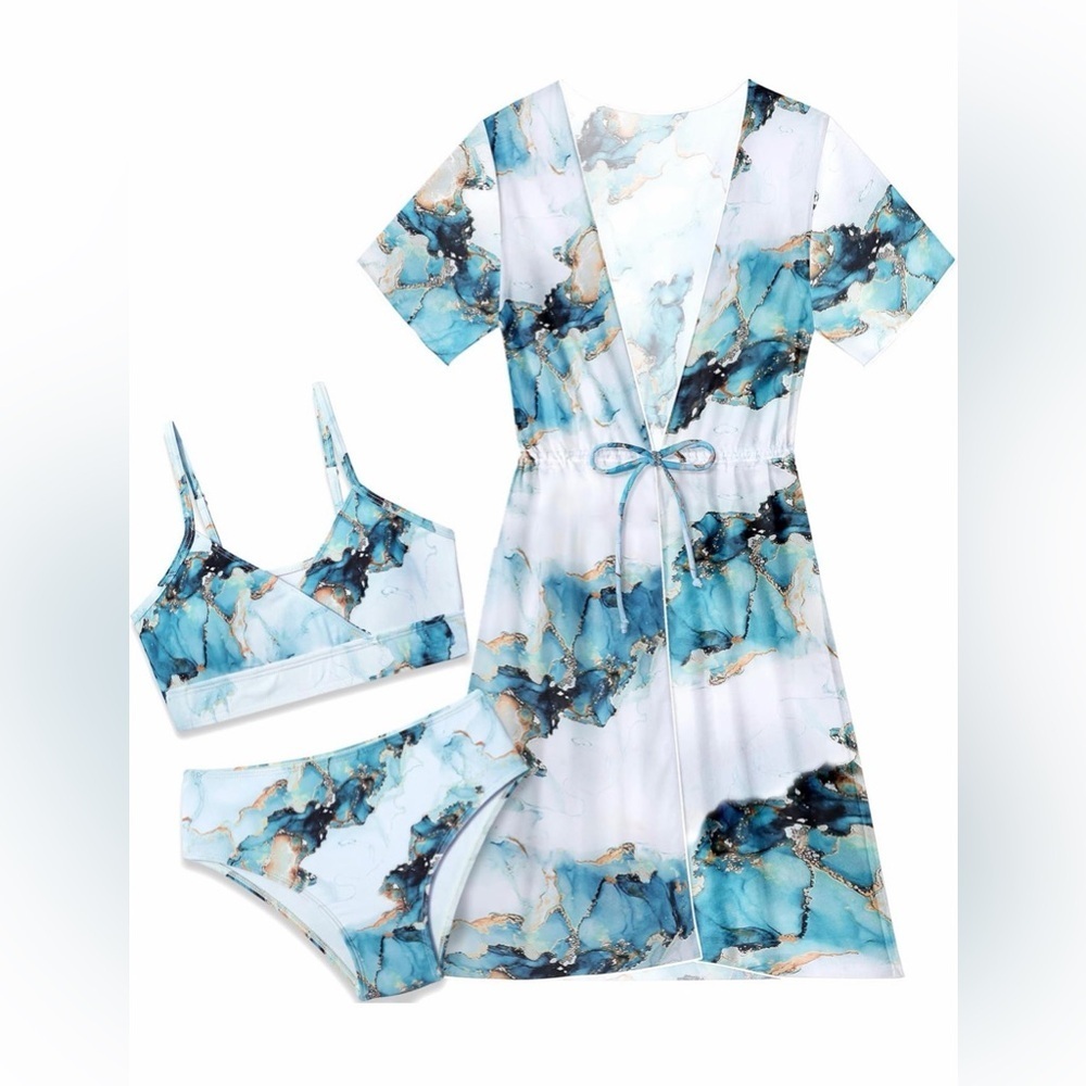 Blue Marble Print Swim Set with Cover-Up